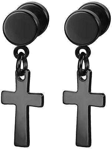 JewelryWe Pendientes largos de acero inoxidable con forma de cruz para hombre y mujer,color plateado negro dorado,Regalos para Cumpleaños,Regalos para Navidad