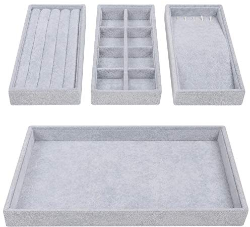 Belle Vous Vassoio Porta Gioielli Donna in Velluto Grigio Impilabile (4pz)- Portagioie Donna da 35,3 x 24,2cm- Organizer Gioielli Porta Anelli, Porta Gioie, Porta Orecchini, Porta Bracciali Espositore