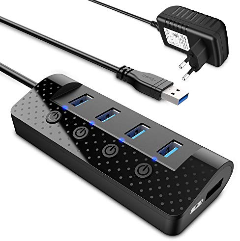 Atolla Hub USB Alimentado, con 4 Puertos USB 3.0 más Puertos dedicados a la Carga, con interruptores de Encendido/Apagado, Adaptador USB hub alimentación Externa Incluido