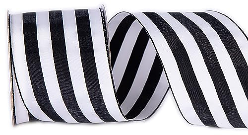 CSZD RIBBON Nastro a righe bianche e nere con filo metallico, larghezza 7 cm, 9,1 m, per confezioni regalo, artigianato, fai da te, decorazioni per albero di Natale, ghirlande, fiocchi, fattoria (nero