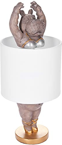 BRUBAKER Tisch- oder Nachttischlampe Nilpferd Ballerina - Tischleuchte mit Keramikfuß und Stoffschirm - 43 cm Höhe, Weiß Grau