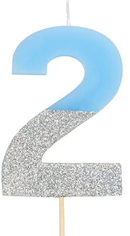 Velas de cumpleaños con números 0, 1, 2, 3, 4, 5, 6, 7, 8, 9, 10, 18, 25, 30,40, 50 de color azul y glitter plata (Número 2)