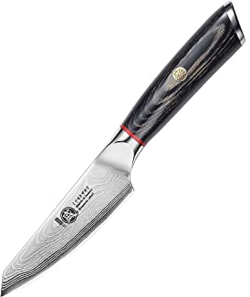 MITSUMOTO SAKARI 4 inch Professional Small Fruit Knife, Hand Forged Classic Kitchen Paring Knife, Japanese AUS-10 Damascus Classic Petty Chef's Knife (PakkaWood Handle & Sandalwood Box)