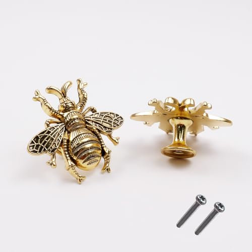 HEVSTIL 2-Pack Bee Shape Cabinet Knob,Nature Theme Single Hole Pulls for Cabinet Dresser Knobs Furniture Door,Antique Gold