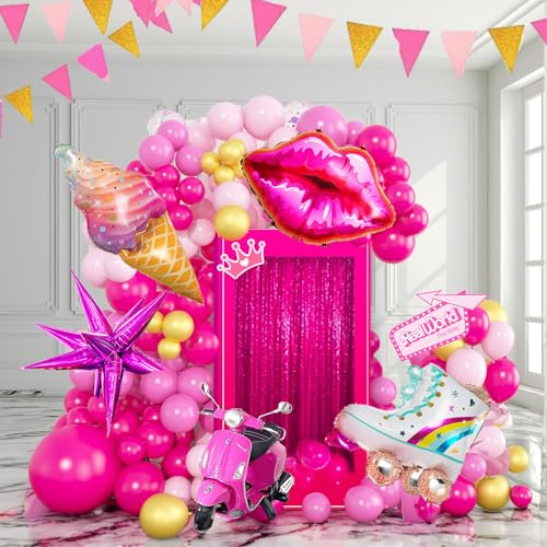 Hot Pink and gold Balloon garland arch kit 140Pcs Hot magenta pink with Chrome Gold Balloons & Lip Starburst Roller mylar balloons for girl’s Birthday party Mother's Day decorations