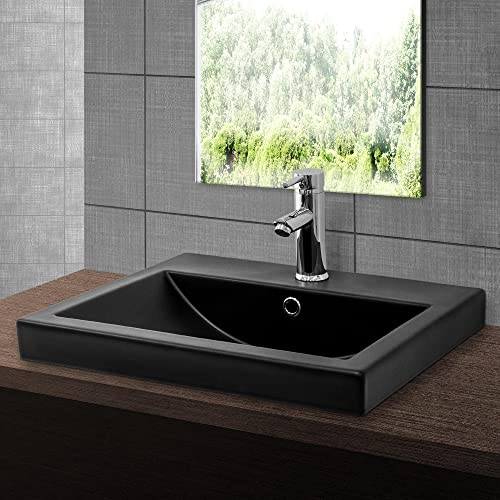 ML-Design Lavabo de Cerámica Negro Mate Rectangular 535x460x165 mm Con Agujero De Desagüe Orificio Para Grifo Lavamanos Moderno Encastrado Empotrado Pila Para Baño Aseo Fregadero Diseño Minimalista