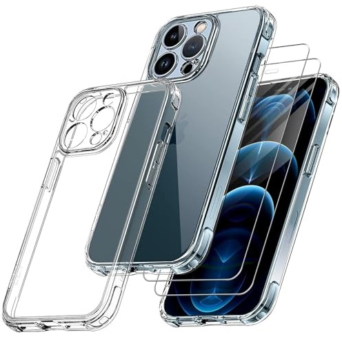 Qasyfanc Kompatibel mit iPhone 12 Pro Hülle mit Kameraschutz mit 2 Stück Schutzfolie, Nie Vergilbung Transparent Handyhülle Harte PC Rückseite Militärschutz Kratzfest Fallschutz Schutzhülle, Klar