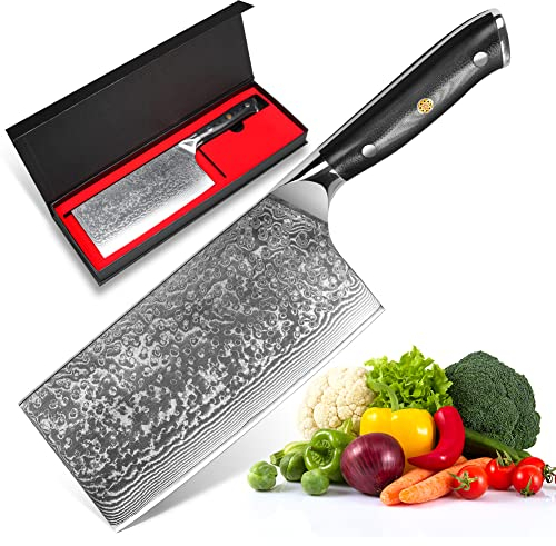 Home Safety Coltello Damasco Coltello da Carne - Mannaia Cinese Damasco 17,5 cm Lama in 67 Strati di Acciaio Damasco con Manico in G10 - Affilato e Bilanciato