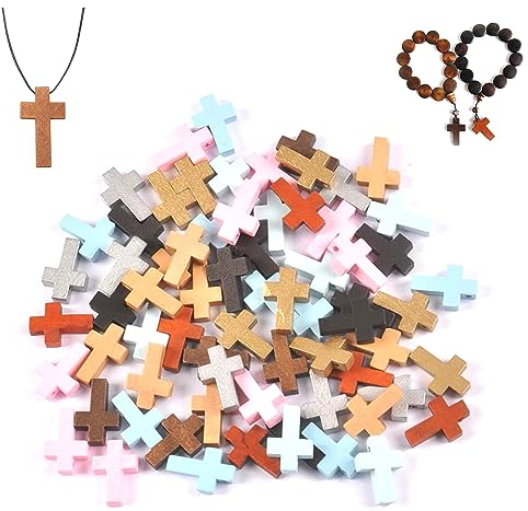 CHENNAN 50 Pezzi Ciondoli Croce di Legno Pendenti Piccoli per Artigianato Fai da Te, Decorazioni Pasqua e Comunione (Colore Misto)