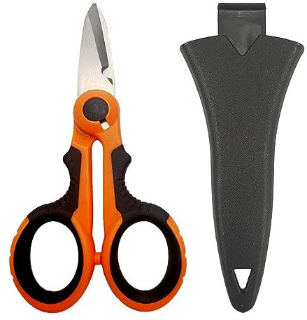 Tijeras de electricista, tijeras de línea trenzada de pesca con borde dentado resistente con cubierta protectora, herramienta multiusos para exteriores para línea de pesca, alambre de cobre, naranja