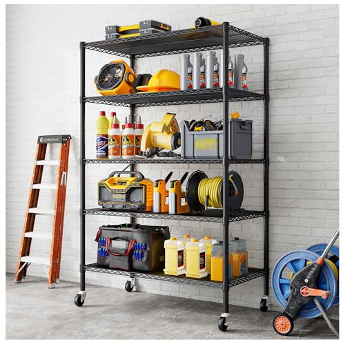 Forthcan Robustes Garagenregal, 182,9 x 91,3 x 45,7 cm, verstellbares Drahtregal, Lagerregale mit Rollen, 5 Ebenen, Schwarz