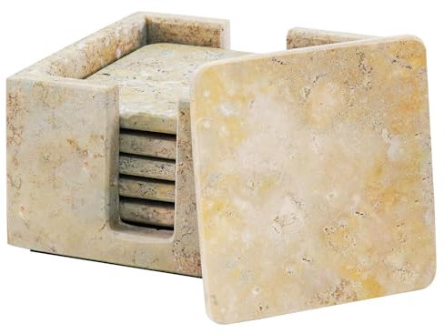 SPESHSTONES Juego de 6 posavasos de mármol hechos a mano de 3.5 pulgadas cuadrados de travertino para bebidas con soporte, posavasos de piedra ideales para accesorios de cafetería, mesa de comedor y