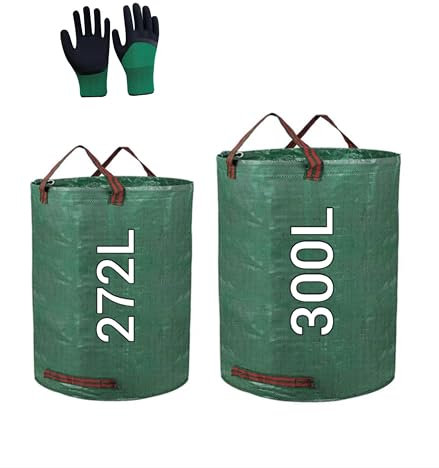 Lot de 2 sacs à déchets de jardin réutilisables (272L et 500L) avec gants de jardinage – sacs robustes pour feuilles et pelouse.