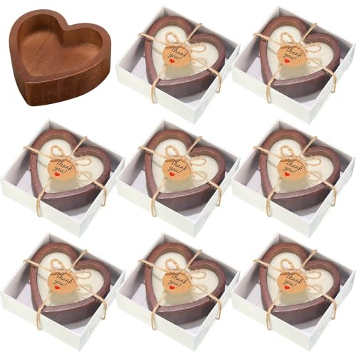 Reallnaive 8 Sets Wedding Favors Wood Heart Candle Bowls Bridal Shower DIY Heart Shaped Dough Bowl Christmas Candles Gifts for Guests Wedding Baby Shower Birthday Party