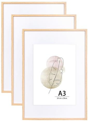 KAIWIN A3 Picture Frame Oak Set of 3, Wooden Poster Frame suitable for A4 with mat, A3 Picture Frames for Wall Mounting Display for Home,Office,Gallery,Holiday with Photos, Posters, Puzzles