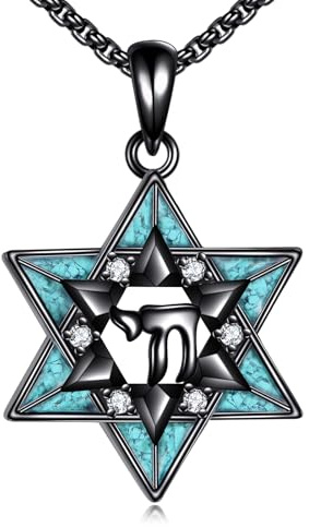 YAFEINI Davidstern Kette Sterling Silber Türkis Hebräischer Anhänger Chai Halskette Jüdischem Davidstern Chai Schmuck für Damen und Herren