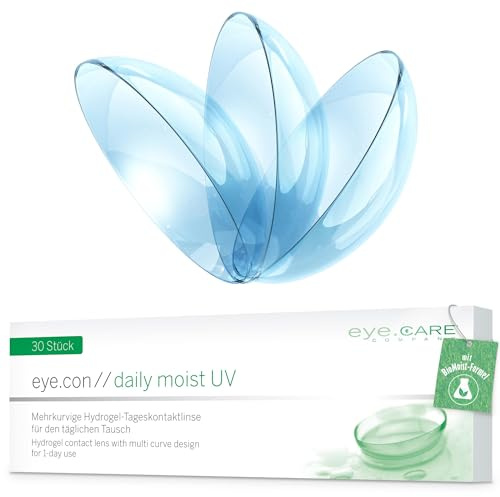 Eye.Con Daily Moist UV weiche Tageslinsen aus Hydrogel – 30 dailies Contact Lenses mit hoher Wasserbindung für empfindliche Augen. Mehrkurvige Kontaktlinsen. BC 8.6mm, DIA 14.3mm, -4.75 Dioptrien.