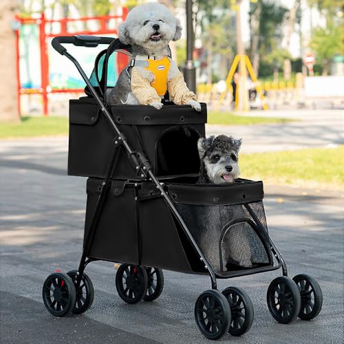 3 in 1 Doppio Strato Passeggino per Cane Gatto Animali, Animali Viaggi Passeggino, Pieghevole Cane Gatto A Quattro Ruote Carrello, con Ventilazione e Freni
