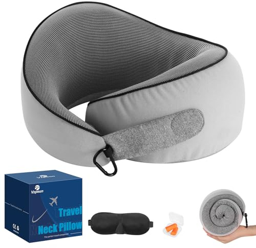 Vzpeun Travel Pillow - Neck Pillow Airplane Memory Foam Filling for Plane,Cars Sleeping, Road Trip, Long Flights, Portable Plane Accessories, Includes Eye Mask & Earplugs (Light Gray)