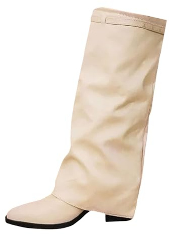 Vik över stövlar för kvinnor Storbritannien, spetsig tå knähöga stövlar tjock blockklack slouch skor med spänne stapelbar slip-on stövel varm elegant stövel damer bekväma höstskor utomhus, BEIgE, 39.5