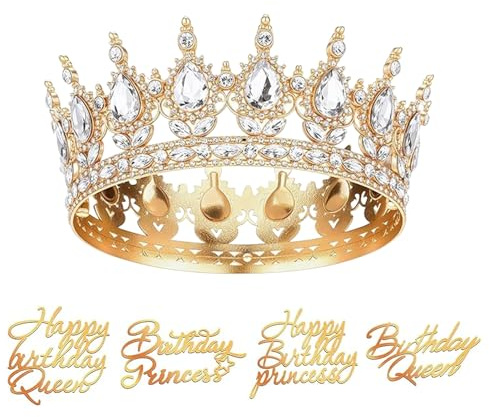 Maylatte krona för tårta – tårtdekoration krona, födelsedag drottning tårtdekoration set – kristall krona med 4 cupcake-toppar för födelsedagsfest, prinsessa tiara för kvinnor flickor
