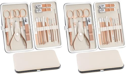 Set Manicura Pedicura 18 piezas, Cuidado de Uñas Mujer Hombre, kit de Cortaúñas Profesional de Acero Inoxidable, Estuche de uñas (oro rosa) (Paquete de 2)