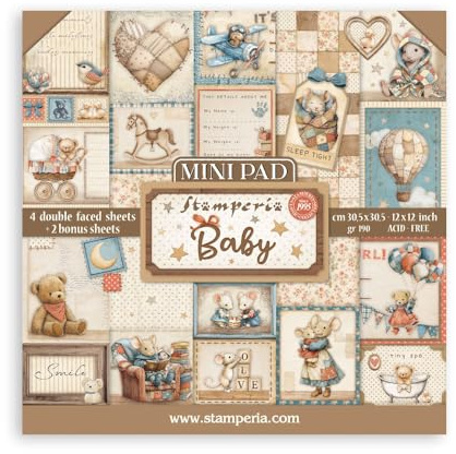 Stamperia - Mini Pad for Scrapbooks, Albums, Cards, Bullet Journals and More, Acid Free, Double-Sided, Perfect for Hobbies, Crafts, and Gifting (6 Sheets) (Baby) (30.5 x 30.5cm)