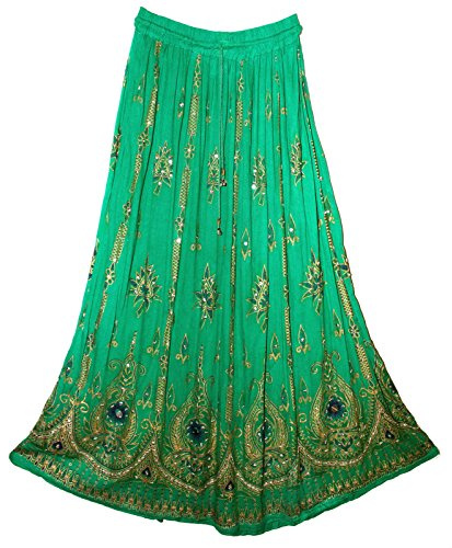 Radhykrishnafashions tie dye Yoga Women's Sequined Crinkle Broomstick Gypsy Long Skirt (Parrot Color) (C-Green)