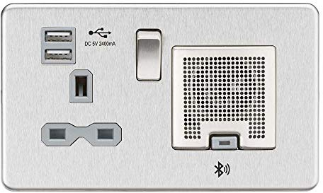 Knightsbridge SFR9905BCG Screwless Socket with 2.4 A USB Chargers and Bluetooth Speaker, Brushed Chrome with Grey Insert, 13 A