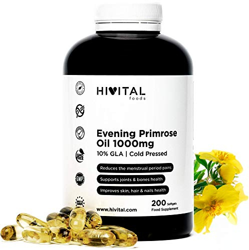 Nachtkerzenöl 1000 mg mit 10% Omega 6 GLA. 200 Perlen aus kaltgepresstem Naturöl. Bei einer Behandlung von mehr als 6 Monaten. Enthält 10% GLA und Vitamin E. Hergestellt von HIVITAL