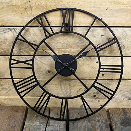 60cm Large Roman Numerals Garden Wall Clock - For Living Room, Office, Bedroom, Kitchen | Indoor & Outdoor | Decor Vintage Decorative Giant Open Face Metal | Silent, Non Ticking Clocks