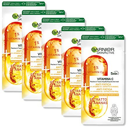 Garnier Maschera in Tessuto Ampolla Anti-Fatica Illuminante, Per Pelli Spente e Stanche, Estratto di Ananas e Vitamina C, Confezione da 5