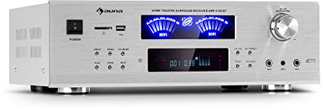 AUNA AMP 5100 BT 5.1 - amplificateur, 2 x 120 Watts + 3 x 50 W RMS, Fonction Bluetooth, Port USB, Lecteur SD, 2 Prises Micro, entrée AUX, 2 VU-mètres (Argent)