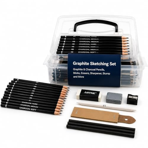 Artme Kit de croquis en graphite - crayons graphite et fusain, bâtons, mastic et caoutchouc blanc, taille-crayon, souche