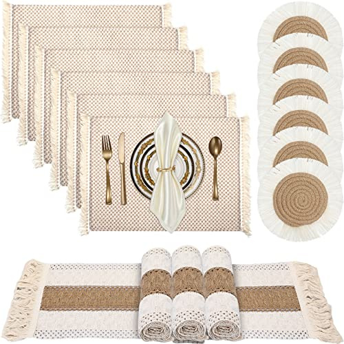 Boho Macrame Table Runner Placemat and Coaster Set of 13, Rustic Table Runner with Tassel Absorbent Boho Placemat Natrual Burlap Farmhouse Coaster for Drink Bohemian Dining Kitchen Desk Decor (Retro)
