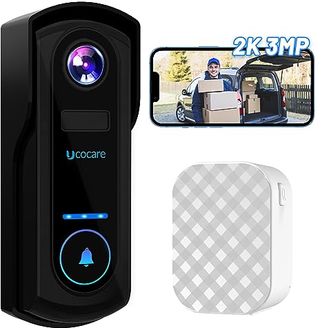 UCOCARE Video Doorbell Wireless with Chime, 2K 3MP WiFi Camera, 10000mAh Battery, PIR Motion Detection, Voice Message, Night Vision, 2-Way Audio, IP67, Support SD Card & Cloud Storage, Black (P3)