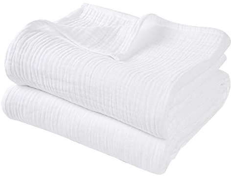 PHF Manta de muselina de algodón, 220 x 240 cm, agradable para la piel y transpirable, para todo el año, color blanco