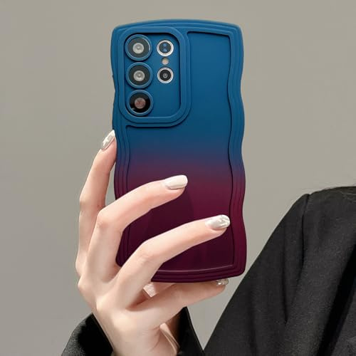 UEEBAI Case for Samsung Galaxy S22 Ultra 5G Wave Frame Phone Case, Cute Slicone Slim Fit Shockproof Phone Bumper Cover Soft Pretty Curly Wavy Case Anti-Scratch TPU Case - Blue Red