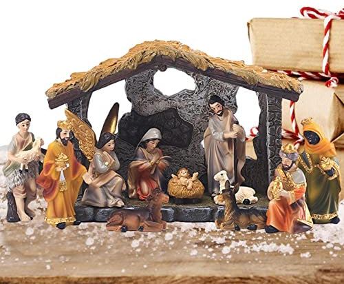 Fukamou Presepe Natalizio,Presepe Completo Set Capanna,Set di presepe del Villaggio di Natale da 12 Pezzi, Sacra Famiglia Statuetta Religiosa Adornmen Indoor Outdoor