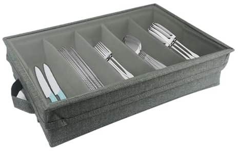 Tefola Boîte de Rangement pour Couverts et Argenterie - Amovible et Pliable Avec Séparateurs Réglables - Grande Capacité - Gris