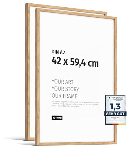 JUNOMI® 2 x Premium Bilderrahmen Eiche DIN A2 (42x59,4 cm) | Echtholz Bilderrahmen DIN A2 aus Eiche mit bruchsicherem Acryl-Glas | Eichenrahmen
