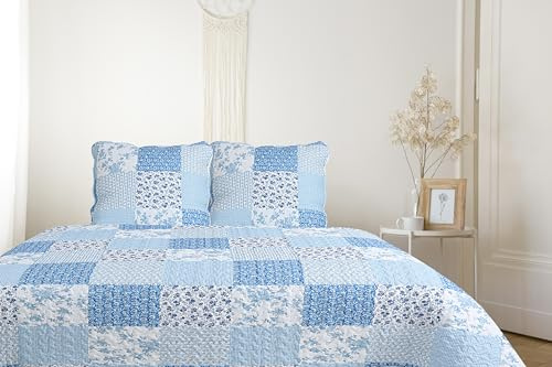 Alguna vez Boutis Patchwork Azul Mimosa, Manta acolchada para 2 personas, cubierta de cama, 230 x 250 cm, con 2 fundas de almohada de 65 x 65 cm, colcha acolchada para 2 personas, sábana de flores,