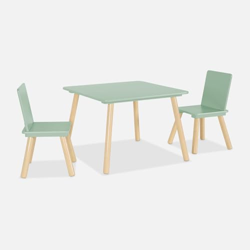 sweeek - Table carrée enfant avec 2 chaises. pieds en pin. vert