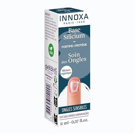Base Silicium Fortifiante Innoxa - Soin des Ongles Sensibles 11 ml - Renforce, Protège et Répare - Enrichie en Silicium Organique, Hexanal et Vitamine E - Utilisable en Base ou Vernis Transparent