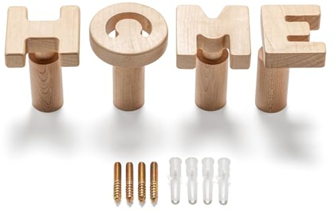 TRESCOLI Perchero de Pared Madera HOME con 4 Ganchos, Perchero Decorativo para Entrada y Recibidor, Colgador Ropa Pared para Chaquetas y Bolsos
