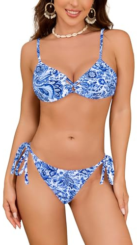 SHEKINI 2 Pieces Triangle Bikini Sets for Women,Sexy Cutout Swimsuits Tie Sides Cheeky Bottom Bathing Suit Blue-S