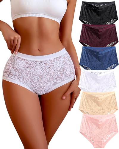 Sth Big High Waisted Underwear for Women Sexy Lace Cheeky Panties Soft Full Coverage lingerie Womens Plus Size Briefs 6 Pack(6AXL)