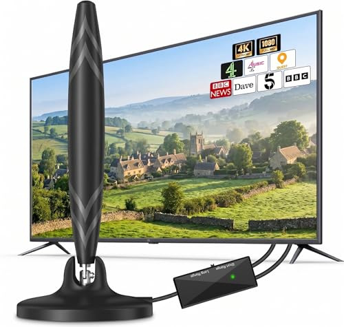 Inomhus TV-antenn 650+ Miles Range TV-antenn med förstärkare signalförstärkare, digital TV Ariels inomhus för smarta och äldre TV-apparater, 180° rotation HDTV Ariel stöder 4K 1080P lokala kanaler
