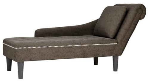 YunCangg Chaiselong med kudde och höger armstöd, grått konstläder 145 x 56 x 70 cm, bekväm liggstol med knappstängning och fjäderskumfyllning för vardagsrum, sovrum, lounge, avkoppling