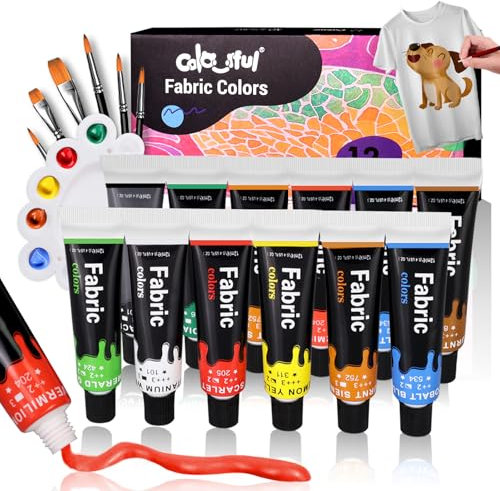 Colorful Fabric Paint Set for Clothes 12 Colors - Permanent Textile Paint Kit for Shoes, Canvas - Non-Toxic Slick Painting Set for Adults, Beginner & Artists